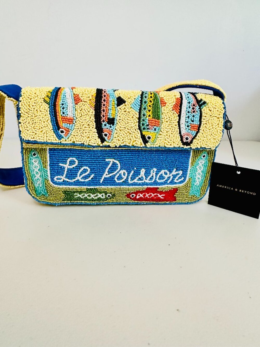 AMERICA & BEYOND LE POISSON FISH SARDINES GREEK ISLE VIBE BEADED SHOULDER BAG